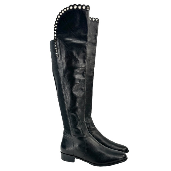LK Bennett Shoes - LK Bennett Black Leather Grommet Detail Over the Knee Flat Tall Riding Boots